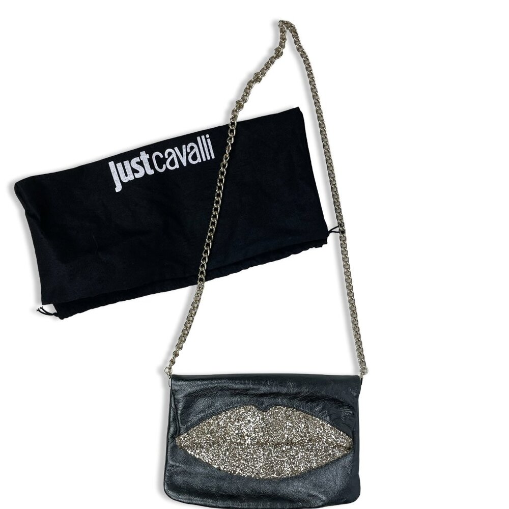 Just Cavalli Glitter Lips Shoulder Bag – Vintage Leather w/ Silver Chain